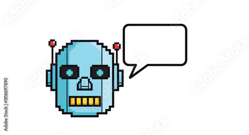 Pixel-art robot head with a speech bubble, representing artificial intelligence, automation, or technological communication.