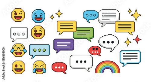 Collection of diverse pixelated chat bubble icons and smiling emoji faces with cartoon rainbow and stars in a vibrant digital illustration.
