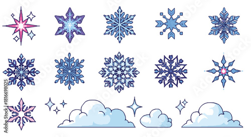 Winter wonderland scene featuring a variety of sparkling snowflakes, fluffy clouds, and glowing stars in a cute, whimsical design.