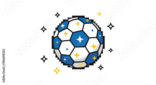 Pixelated soccer ball surrounded by twinkling stars in a cartoon illustration evokes a playful and engaging sports theme in retro pixel art style.