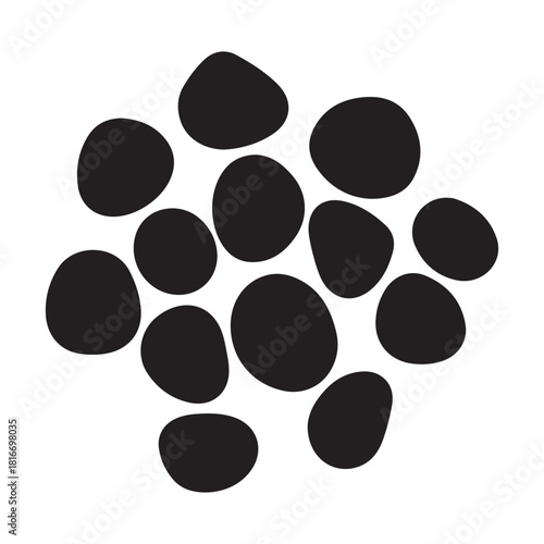 Cluster of smooth black pebbles on a white background stone rock