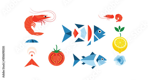 Colorful geometric seafood and produce illustration features shrimp, fish, tomato, and lemon creating a vibrant culinary theme.