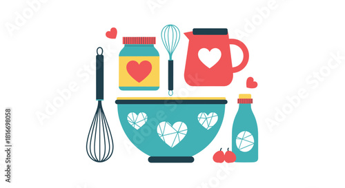 Illustration of colorful baking tools and ingredients with heart accents against a white backdrop suggesting a love-themed baking project.