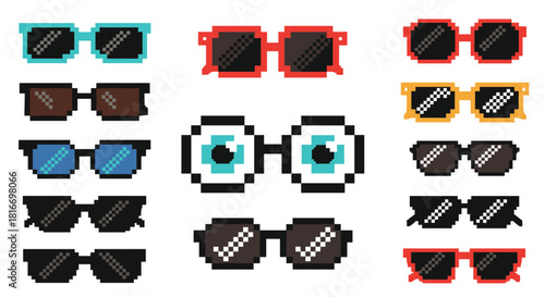 Pixel art collection of sunglasses with a retro, 8-bit aesthetic, showcasing various styles and colors in a minimalist design.