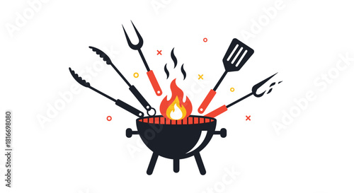 A vector graphic depicts a charcoal grill with flames, surrounded by grilling utensils such as tongs, spatula, and fork, suggesting a cookout or barbecue.