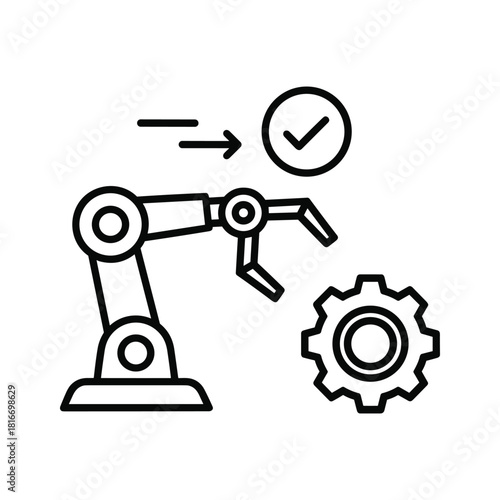 Line icon representing automated manufacturing process with robotic arm completing task next to gear isolated on