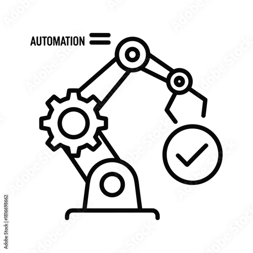 Line art icon representing automation with a robotic arm holding a checkmark, isolated on