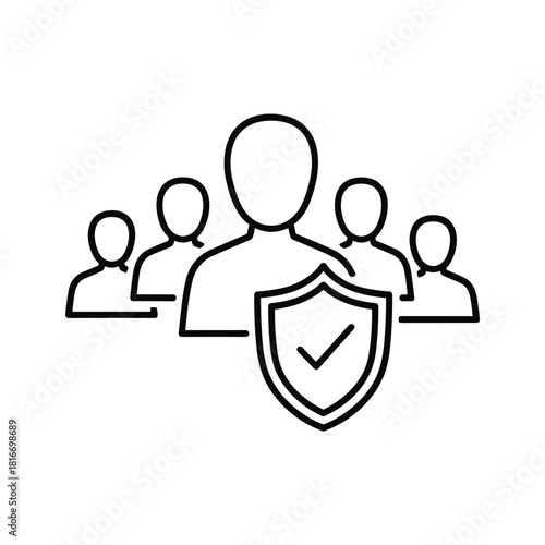 Line icon representing team safety and security with a central figure protected by a shield and checkmark isolated on