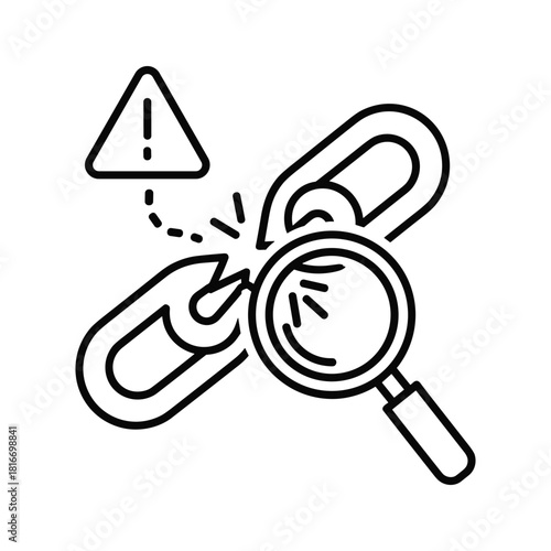 Broken link icon with magnifying glass and warning sign, concept of broken connection or error search isolated on