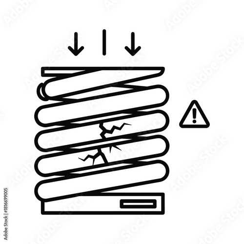 Warning icon indicating compression failure or damage to a coil spring under downward force, isolated on