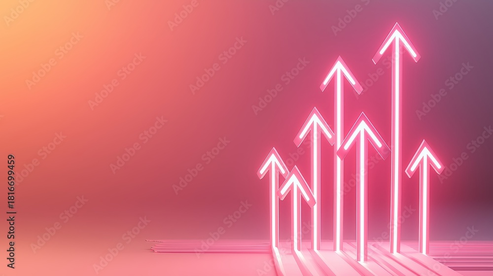 Fototapeta premium Abstract 3D upward arrows with glowing lines on smooth gradient background, clean minimalist concept for business growth and innovation visuals