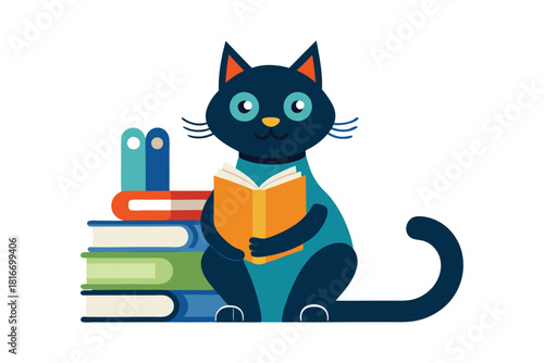 Cartoon illustration of an cat reading book isolated on white background