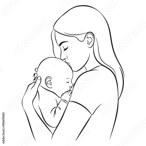 Mother kissing sleeping baby on white background line art illustration infant child