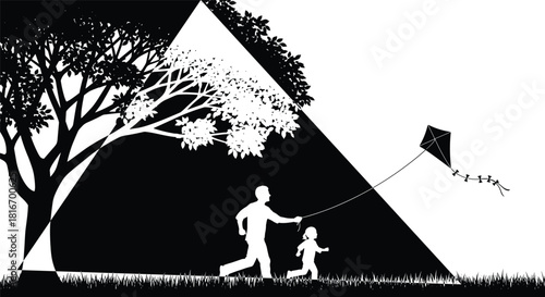 Father and daughter silhouette running with kite near big tree, black and white vector illustration with abstract geometric background, happy family bonding outdoors.