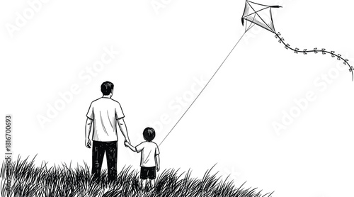 Father and son holding hands flying a kite in grass, black and white hand drawn sketch vector illustration, happy family outdoor bonding activity.