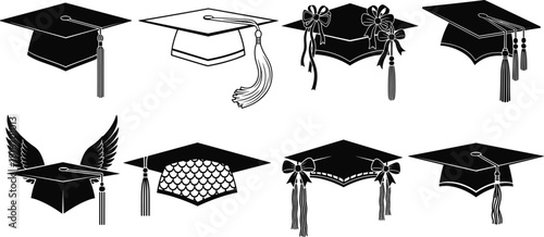 Graduation cap silhouette collection with tassels and bows, black and white mortarboard vector icons set for university college education design.