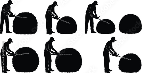 Professional Gardener Trimming Shrubs Silhouette Illustration Sequence Showing Landscape Maintenance Worker Shaping Hedges with Electric Hedge Trimmer Tool