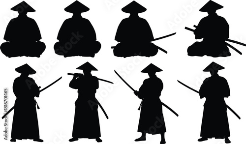 Japanese Ronin Samurai Silhouette Collection Illustrating Historical Martial Arts Master Wielding Katana Sword in Traditional Fighter Poses for Design