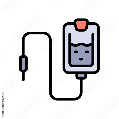 Saline color icon. IV drip bag with a tube. Vector illustration of an intravenous therapy, for healthcare apps, medical websites, and hospital-related visuals.
