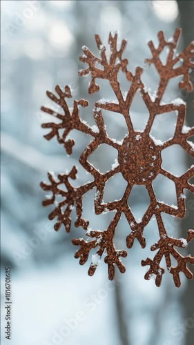 Close-up view of intricate snowflake decoration against wintry backdrop.