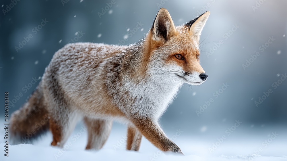 Naklejka premium Red Fox Strolling Gracefully Through a Beautiful Winter Wonderland Covered in Fresh Snow