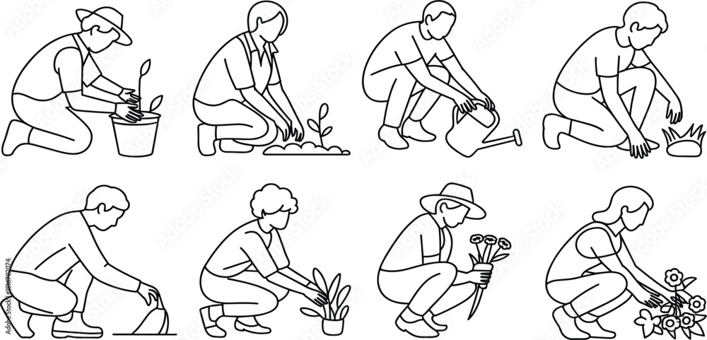 Fototapeta premium Gardening people line art vector set, collection of figures planting, watering, and tending flowers, simple illustration for agriculture, hobby, and nature concepts