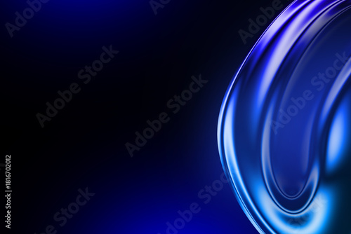 Extreme close up of smooth highly polished abstract blue fluid curve flowing into dark void minimalist background concept modern digital art illustration render