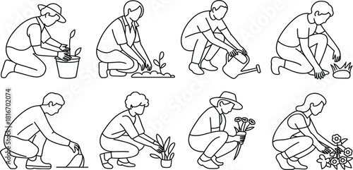 Gardening people line art vector set, collection of figures planting, watering, and tending flowers, simple illustration for agriculture, hobby, and nature concepts
