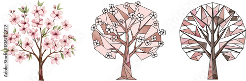 Elegant cherry blossom tree illustrations in watercolor, geometric low poly, and abstract style for spring design artwork inspiration