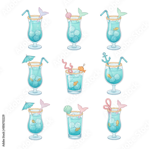 A delightful collection of refreshing blue cocktails adorned with whimsical mermaid tails and ocean-inspired decorations, perfect for enchanting summer parties and tropical beach escapes