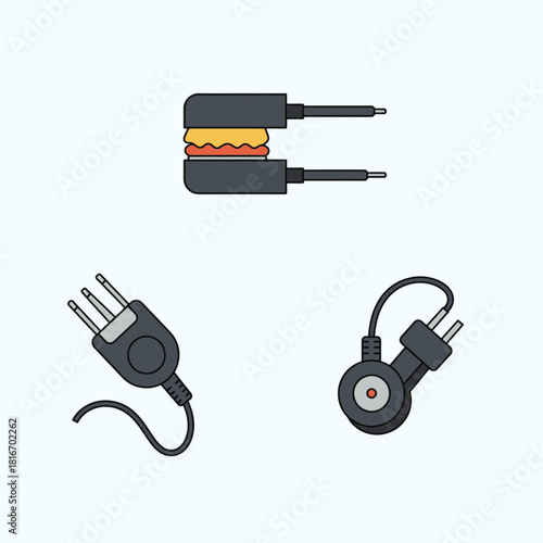 Illustration of a sandwich maker with a sandwich and two different types of electrical power plugs with cables.