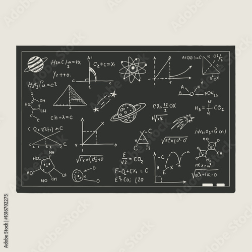 Black chalkboard filled with hand-drawn scientific formulas, mathematical equations, astronomy doodles, and chemical structures.