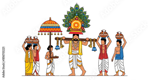 Traditional Indian Festival Celebration Depicted Religious Procession Illustration with Decorated Participants