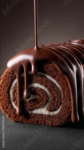 A chic rolled cake drizzled in dark chocolate sauce.