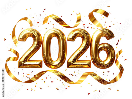 Happy New Year 2026 in Gold with Confetti Burst and Ribbon Arcs, Sparkling Celebration Layout, Transparent Background
