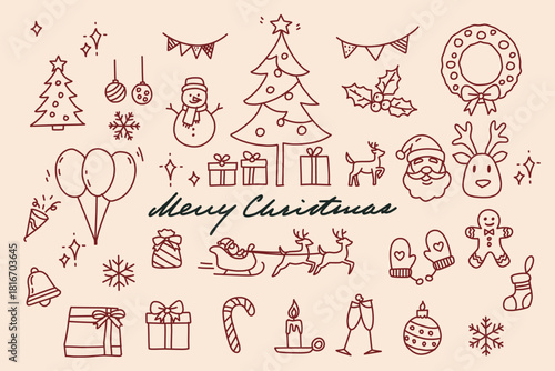 Merry Christmas Hand Drawn Line Art Icons Pack - 30+ Cute Holiday Doodle Elements Vector Set
