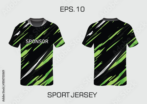 Unique Sport Jersey Design with Bold Stripes and Sponsor Placement in Vibrant Green Shades