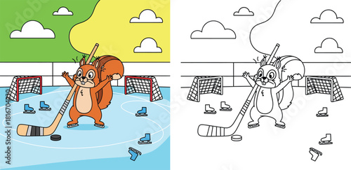 Cute cartoon squirrel playing ice hockey coloring book page with colored example vector illustration