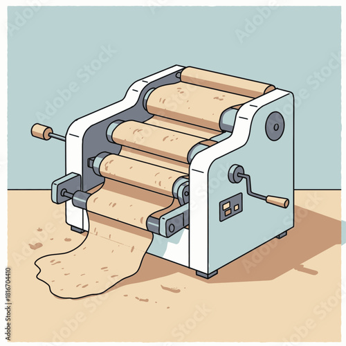 A light blue pasta maker machine processing dough on a beige surface, cartoon illustration style.