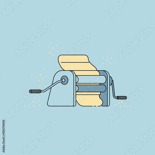 A flat illustration of a pasta maker machine flattening dough on a light blue background.