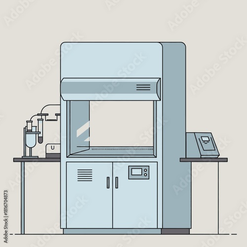Illustration of a laboratory fume hood with scientific equipment on a light background.