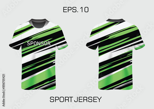 Dynamic Sport Jersey Design with Stripes and Sponsor Branding in Green and Black Colors