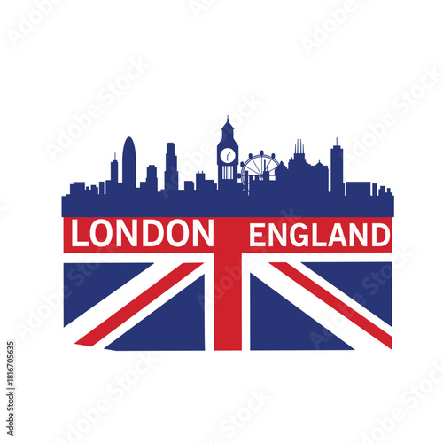 london skyline with british flag vector illustration  tshirt design 