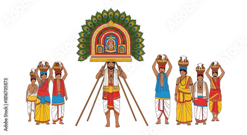 Colorful Procession with Kavadis and Pots A Hindu Religious Celebration