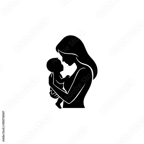 Black silhouette of a mother lovingly holding her baby. Expresses deep emotion and family bond. Ideal for motherhood and care themes.