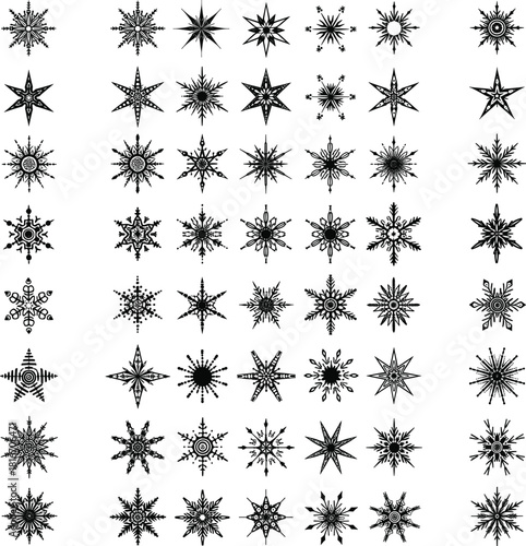 Mega Set of Black Christmas and Winter Snowflake Silhouette Icons Vector Illustration