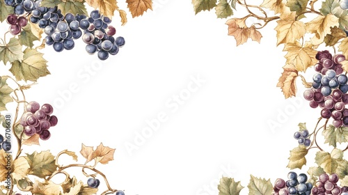 Watercolor illustration framing composition features clusters of dark grapes and autumnal foliage along the borders