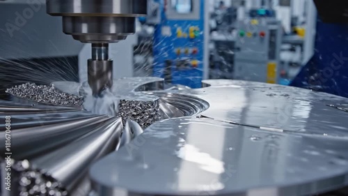 A close-up of a metal machining process, a drill bit carves into shiny metal, creating swirls