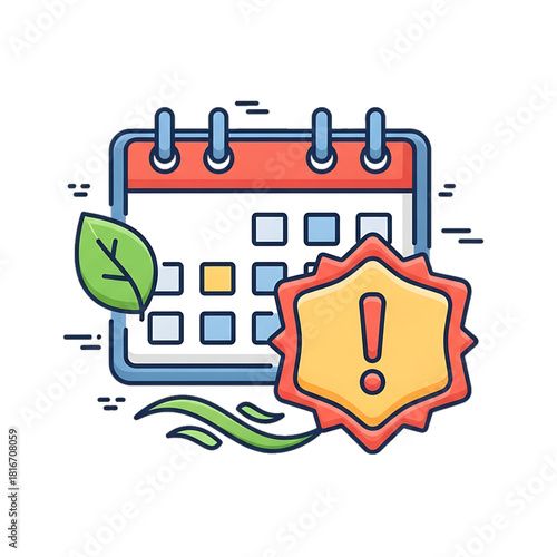 Calendar with leaf and warning badge representing food freshness alerts.