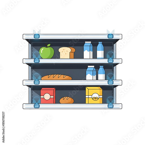 Retail shelves with drinks, bread, and packaged goods.